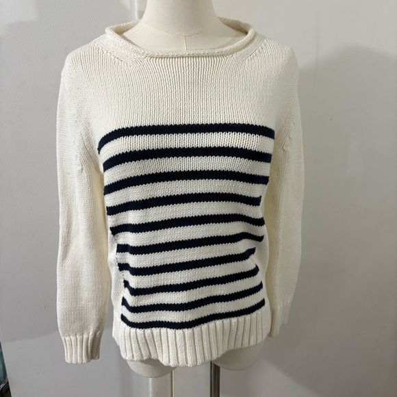 J. Crew Sweaters - J. Crew Ivory Blue Striped Rollneck Sweater Nautical Chunky Knit Cotton Sz XS